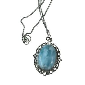 Vintage Larimar Gemstone Pendant Silvertone Chain GUC